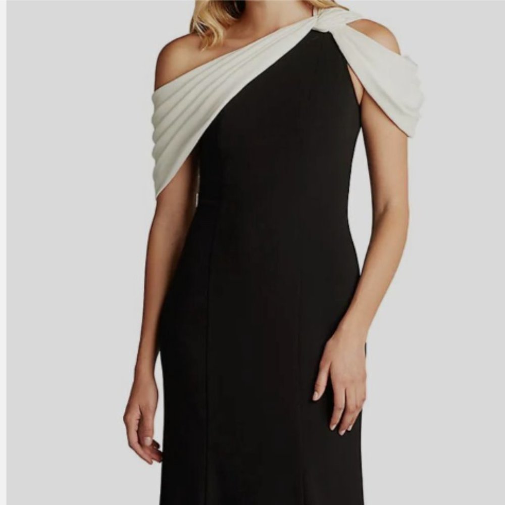 TADSHI SHOJI COPLEY ONE SHOULDER DRAPE CREPE BLACK/OFF WHITE BODY-CON GOWN XL
